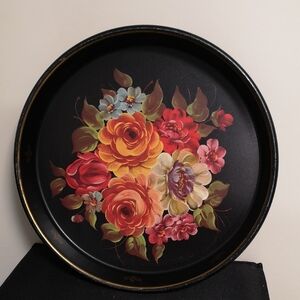 Beautiful Vintage Vibrant Floral in Black Round Tray w/ Lip Measures 12" Across